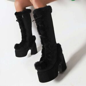 (T-4370) Platform Snow Boots for Women Furry Cozy Knee High Boots Sz 35 (4.5)